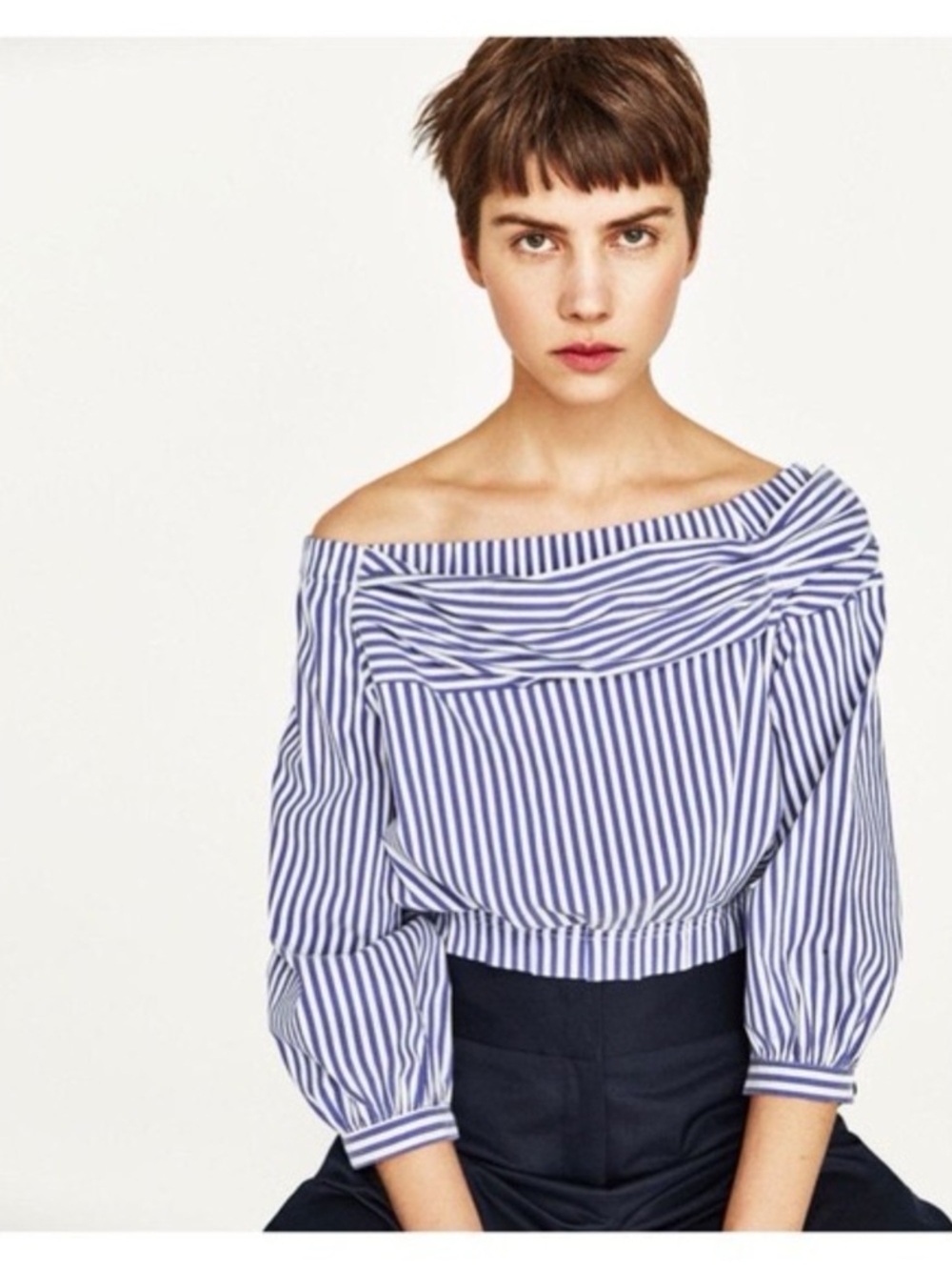 Zara Blue and White Striped Off-Shoulder Blouse